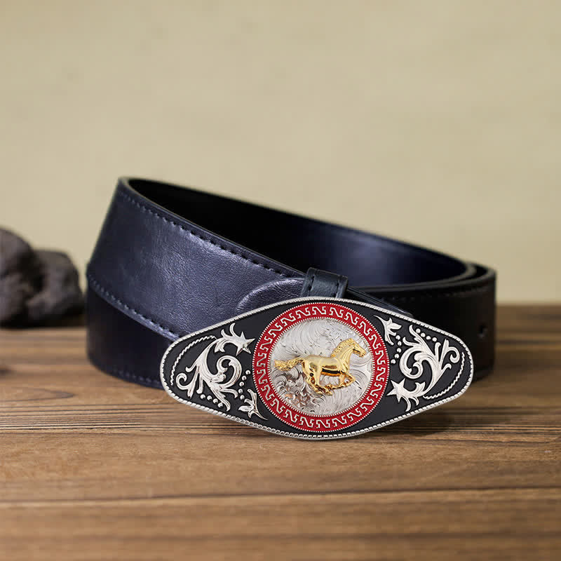 Men's DIY Western Black Gold Animal Buckle Leather Belt - Running Horse - Black PU Belt (40) - image 7