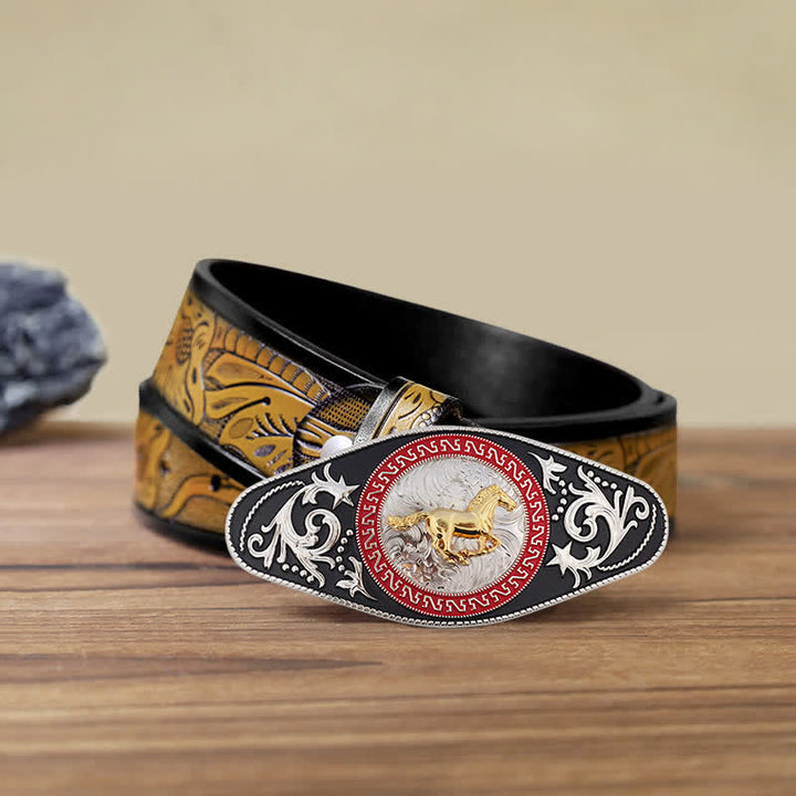 Men's DIY Western Black Gold Animal Buckle Leather Belt - Running Horse - SandyBrown Belt (40) - image 11