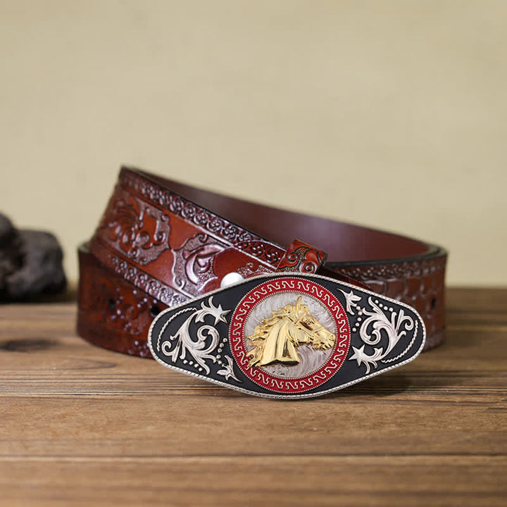Men's DIY Western Black Gold Animal Buckle Leather Belt - Horse Head - Brown Carved Belt (40) - image 20
