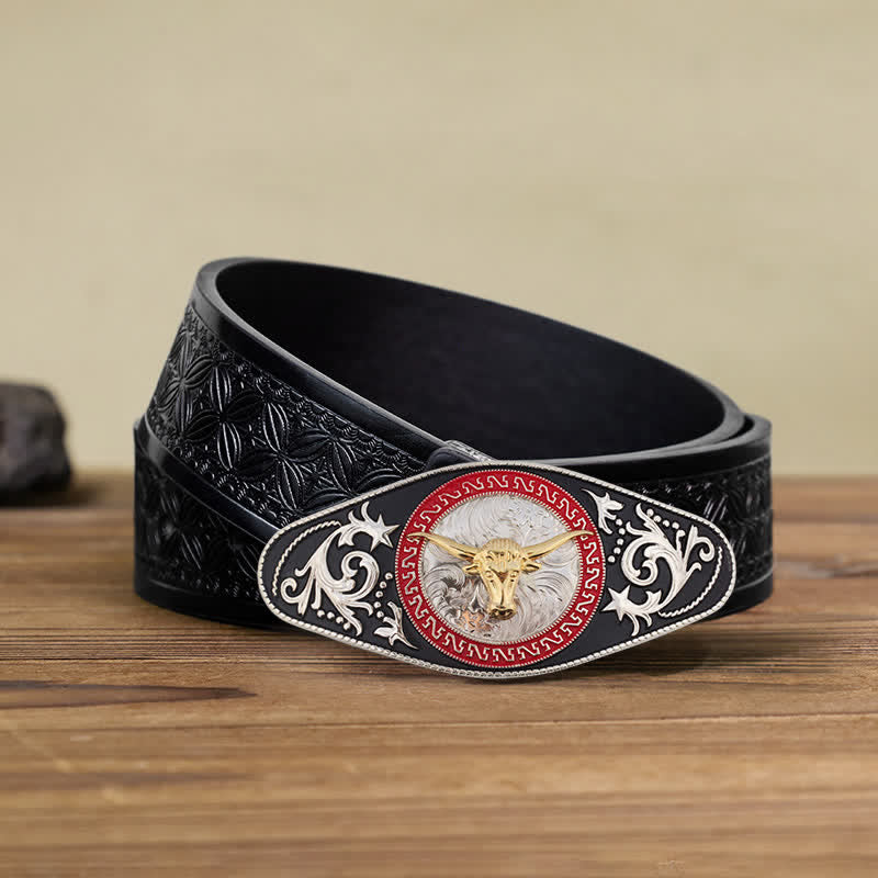 Men's DIY Western Black Gold Animal Buckle Leather Belt - Bull Head - Black Embossed Weave Belt (40) - image 26