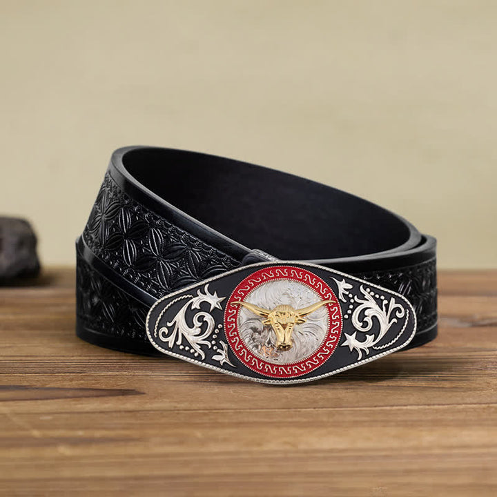 Men's DIY Western Black Gold Animal Buckle Leather Belt - Bull Head - Black Embossed Weave Belt (40) - image 26