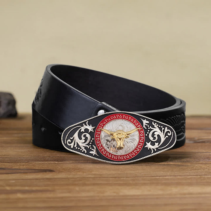 Men's DIY Western Black Gold Animal Buckle Leather Belt - Bull Head - Black Embossed Eagle Belt (40) - image 25