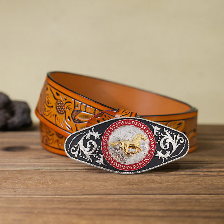 Men's DIY Western Black Gold Animal Buckle Leather Belt - Running Horse - Orange Carved Belt (40) - image 12