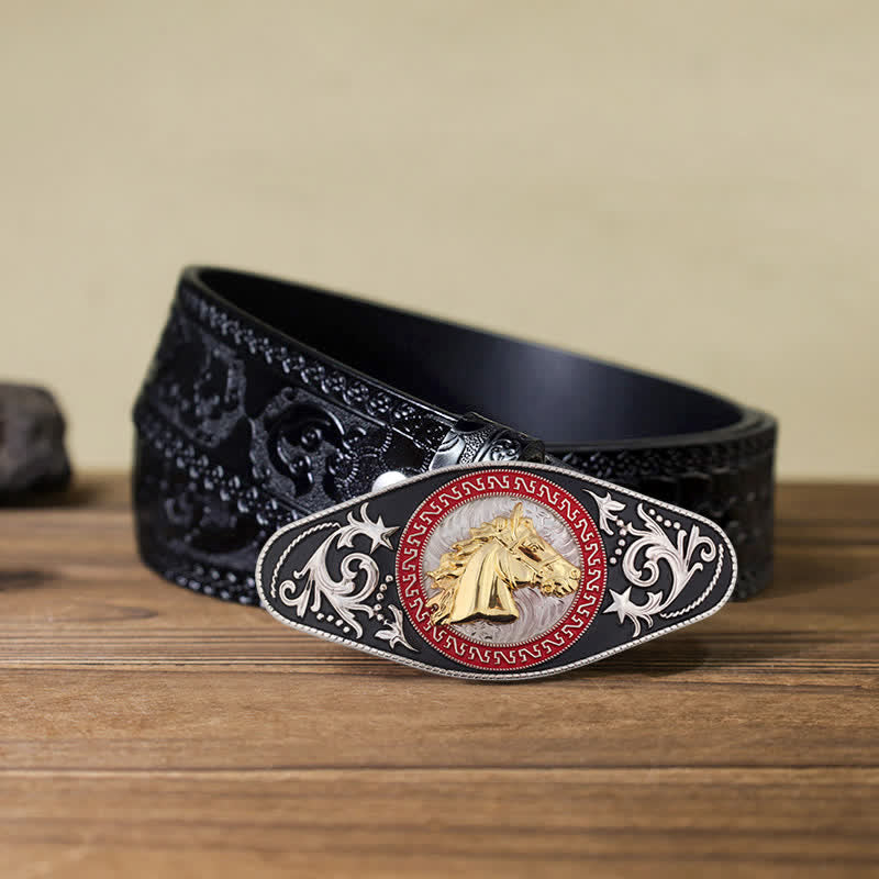 Men's DIY Western Black Gold Animal Buckle Leather Belt - Horse Head - Black Carved Belt (40) - image 19