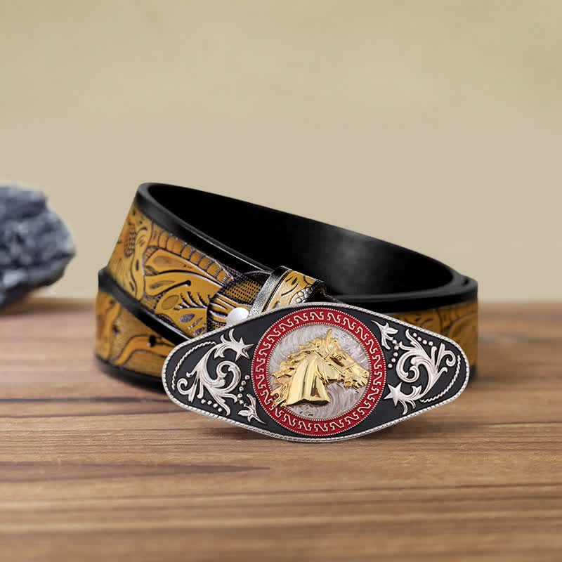 Men's DIY Western Black Gold Animal Buckle Leather Belt - Horse Head - SandyBrown Belt (40) - image 20