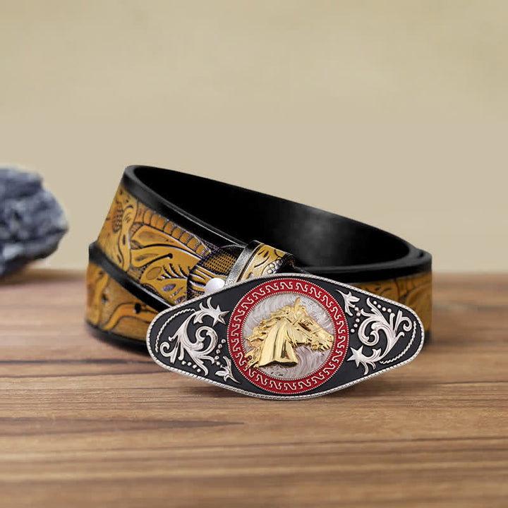 Men's DIY Western Black Gold Animal Buckle Leather Belt - Horse Head - SandyBrown Belt (40) - image 20