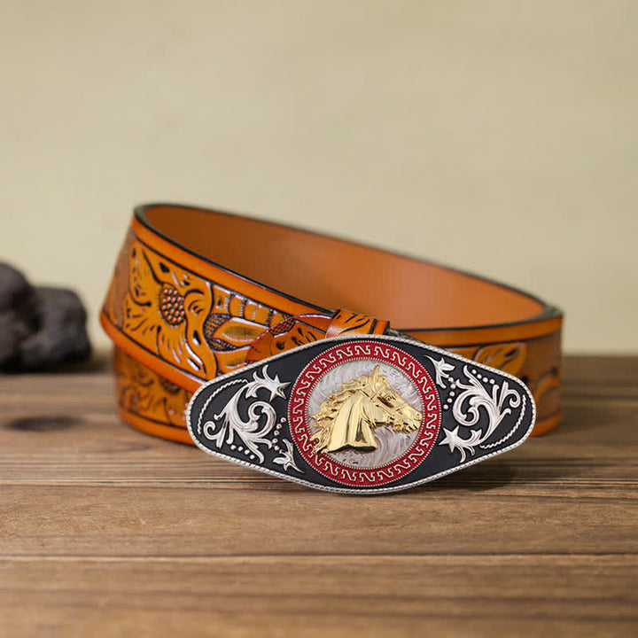 Men's DIY Western Black Gold Animal Buckle Leather Belt - Horse Head - Orange Carved Belt (40) - image 22