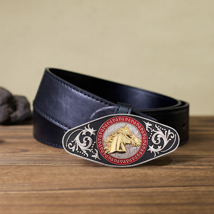 Men's DIY Western Black Gold Animal Buckle Leather Belt - Horse Head - Black PU Belt (40) - image 15