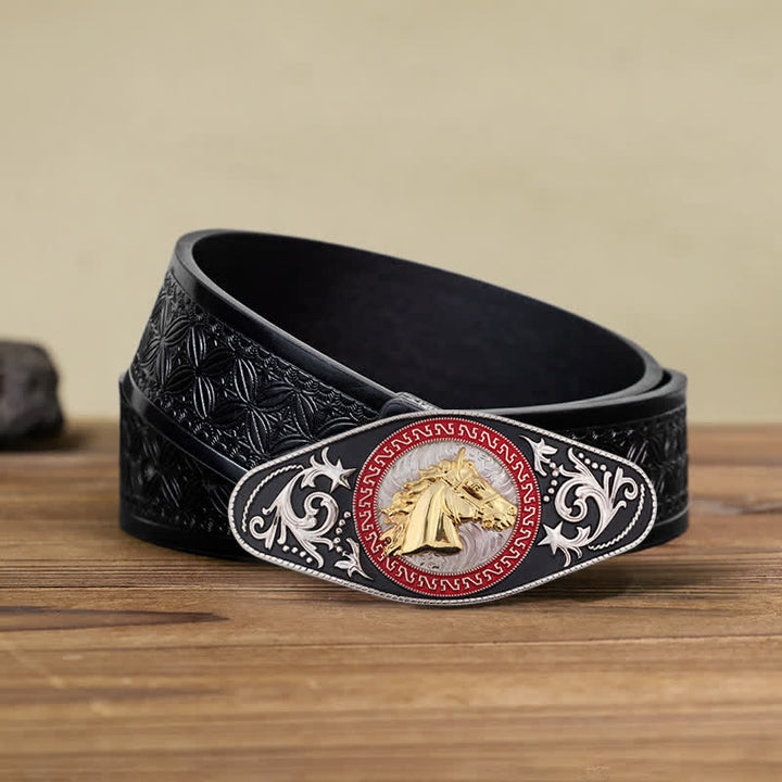 Men's DIY Western Black Gold Animal Buckle Leather Belt - Horse Head - Black Embossed Weave Belt (40) - image 17