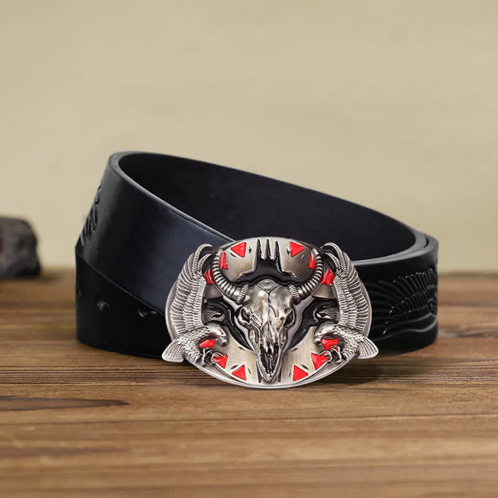 Men's DIY Vintage Bull & Dual Eagles Buckle Leather Belt - Red - Black Embossed Eagle Belt (40) - image 4