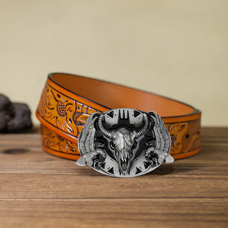 Men's DIY Vintage Bull & Dual Eagles Buckle Leather Belt - Black - Orange Carved Belt (40) - image 20