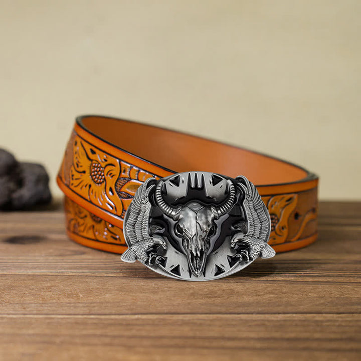 Men's DIY Vintage Bull & Dual Eagles Buckle Leather Belt - Black - Orange Carved Belt (40) - image 20