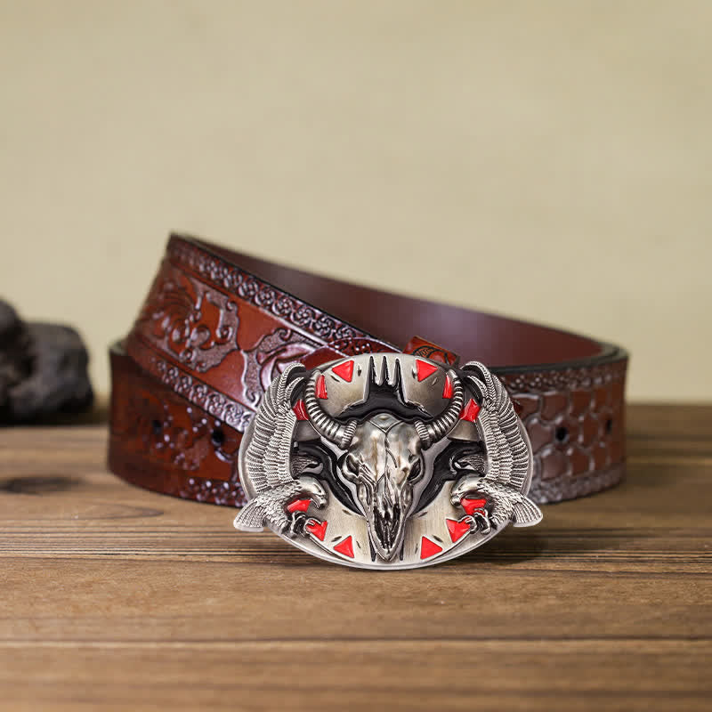 Men's DIY Vintage Bull & Dual Eagles Buckle Leather Belt - Red - Brown Carved Belt (40) - image 7