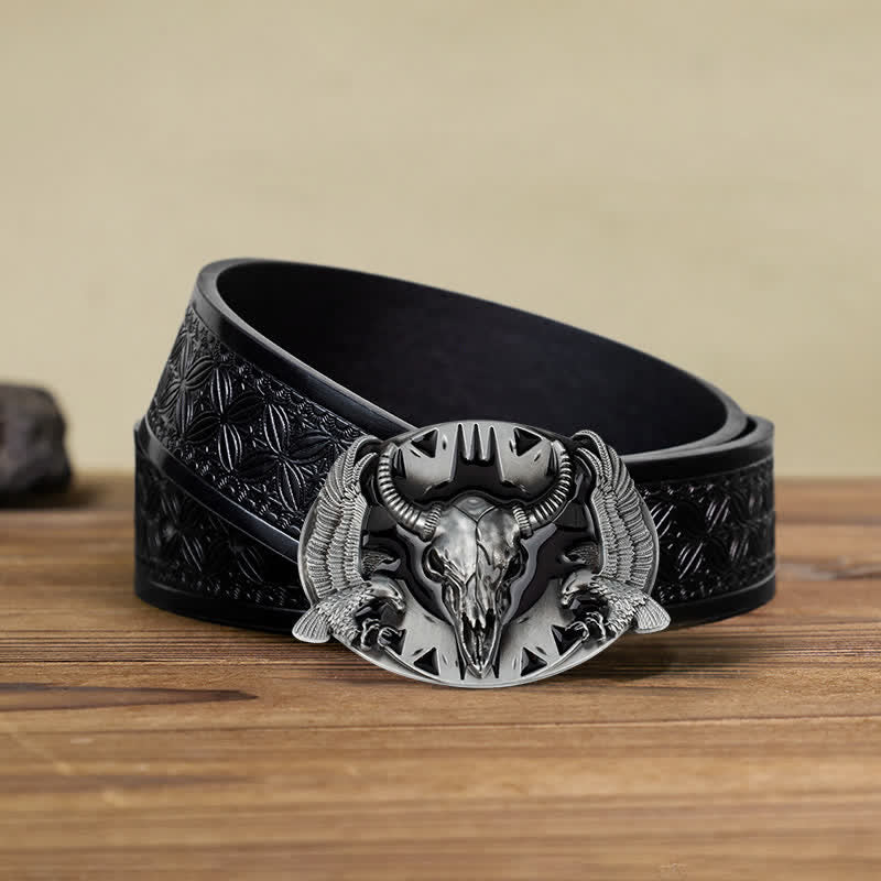 Men's DIY Vintage Bull & Dual Eagles Buckle Leather Belt - Black - Black Embossed Weave Belt (40) - image 16
