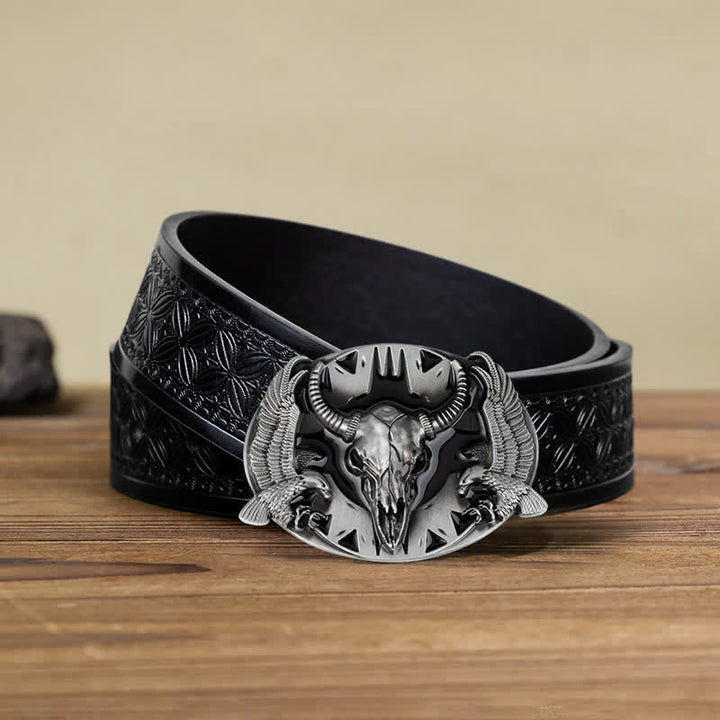 Men's DIY Vintage Bull & Dual Eagles Buckle Leather Belt - Black - Black Embossed Weave Belt (40) - image 16