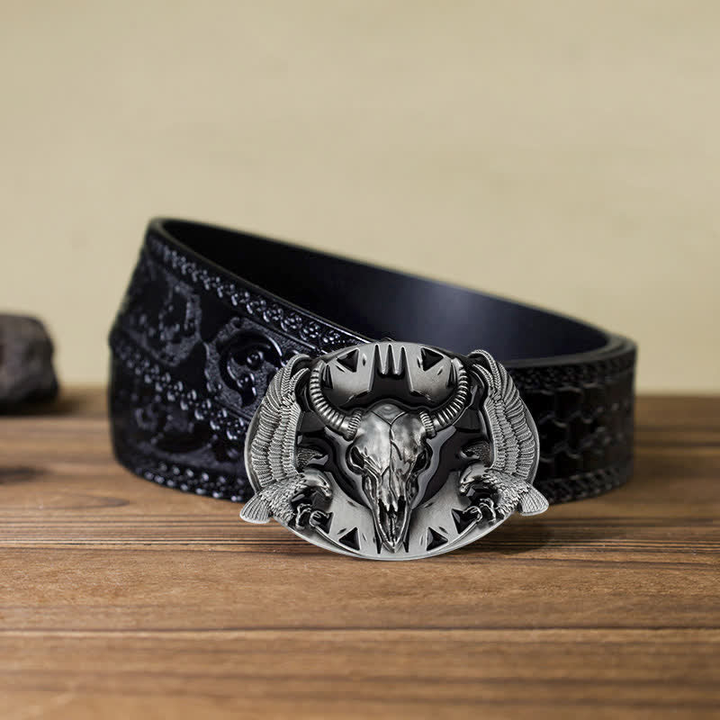 Men's DIY Vintage Bull & Dual Eagles Buckle Leather Belt - Black - Black Carved Belt (40) - image 17