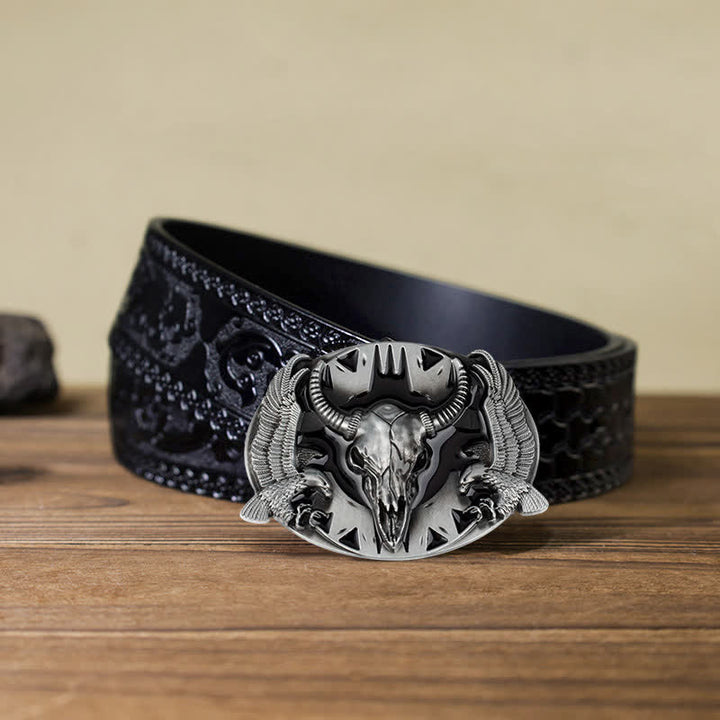 Men's DIY Vintage Bull & Dual Eagles Buckle Leather Belt - Black - Black Carved Belt (40) - image 17