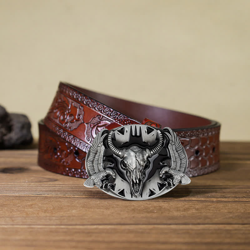 Men's DIY Vintage Bull & Dual Eagles Buckle Leather Belt - Black - Brown Carved Belt (40) - image 18