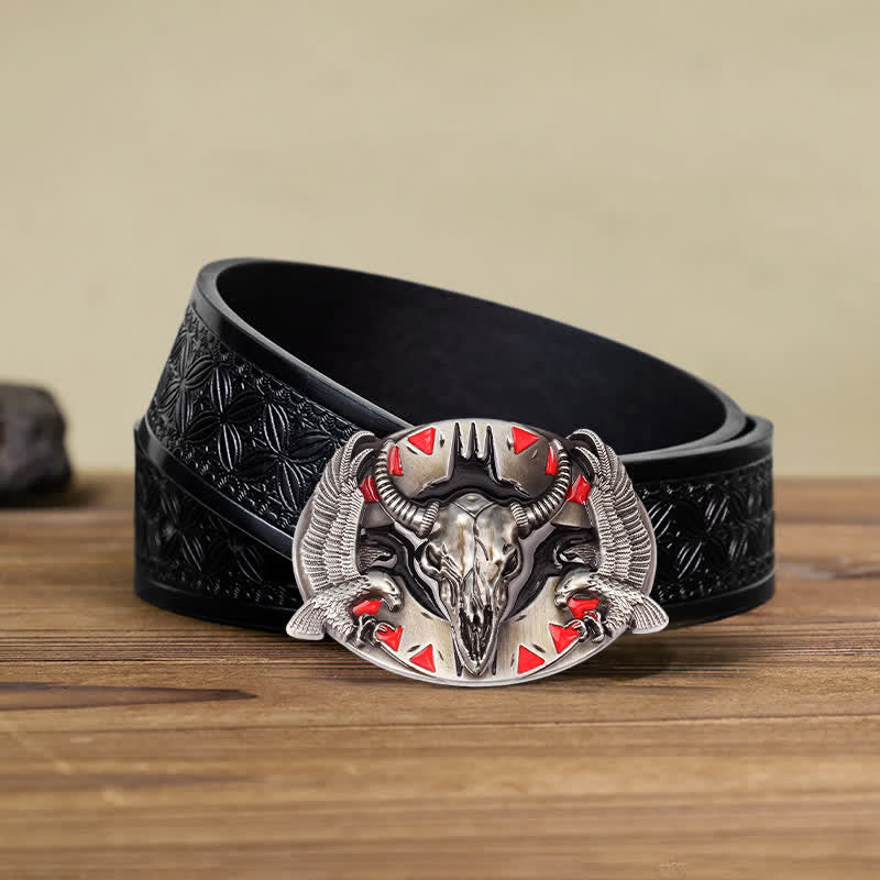 Men's DIY Vintage Bull & Dual Eagles Buckle Leather Belt - Red - Black Embossed Weave Belt (40) - image 5