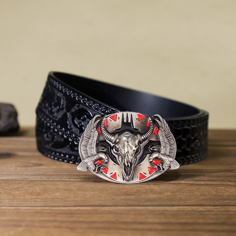 Men's DIY Vintage Bull & Dual Eagles Buckle Leather Belt - Red - Black Carved Belt (40) - image 6