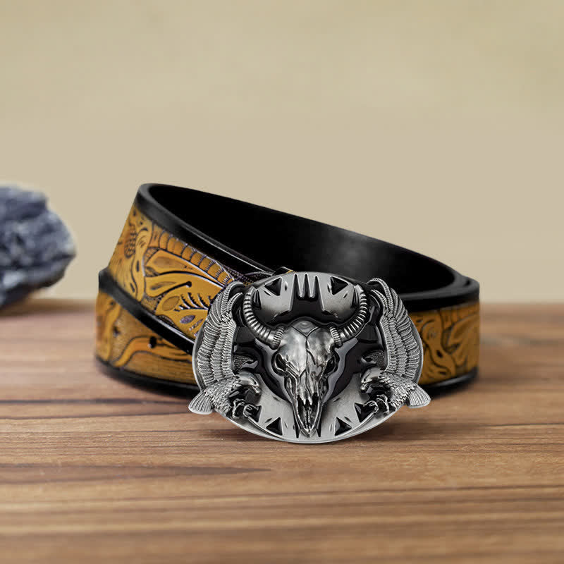Men's DIY Vintage Bull & Dual Eagles Buckle Leather Belt - Black - SandyBrown Belt (40) - image 19