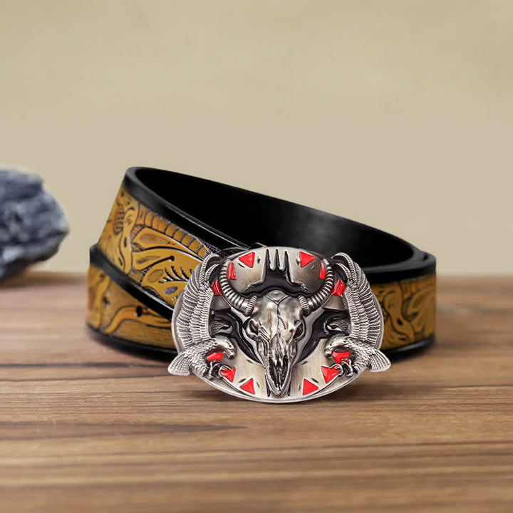 Men's DIY Vintage Bull & Dual Eagles Buckle Leather Belt - Red - SandyBrown Belt (40) - image 8