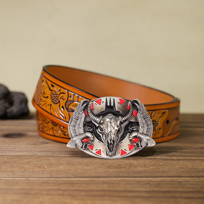 Men's DIY Vintage Bull & Dual Eagles Buckle Leather Belt - Red - Orange Carved Belt (40) - image 9
