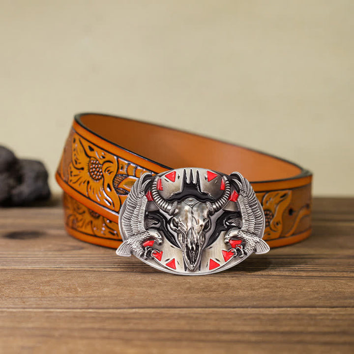 Men's DIY Vintage Bull & Dual Eagles Buckle Leather Belt - Red - Orange Carved Belt (40) - image 9