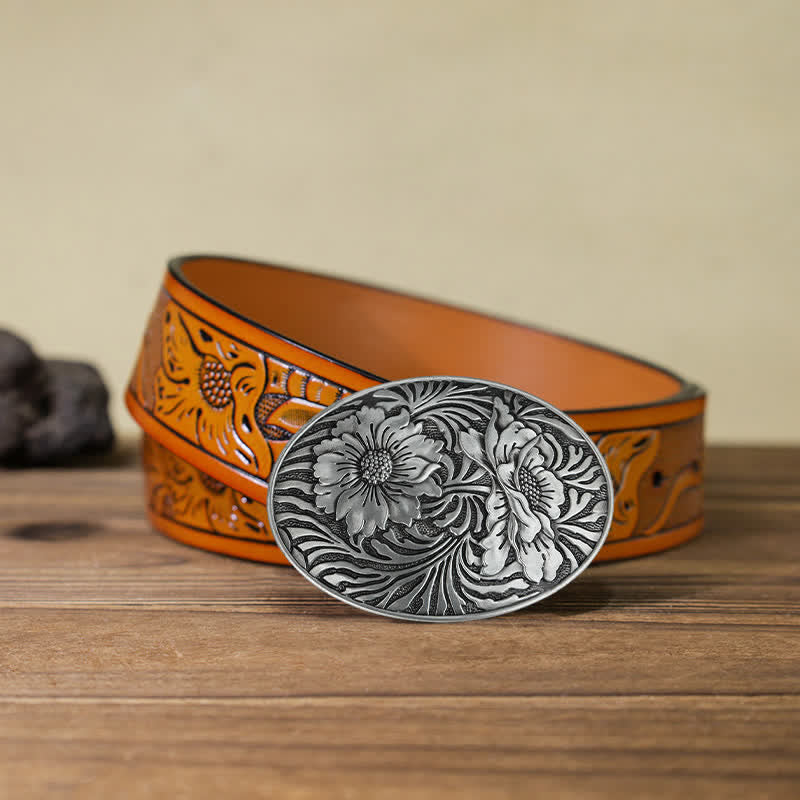 Men's DIY Oval Western Floral Buckle Leather Belt - Silver - Orange Carved Belt (40) - image 9