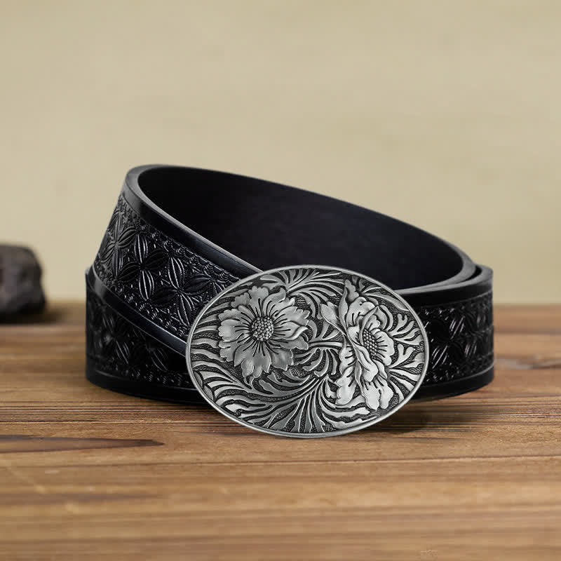 Men's DIY Oval Western Floral Buckle Leather Belt - Silver - Black Embossed Weave Belt (40) - image 5