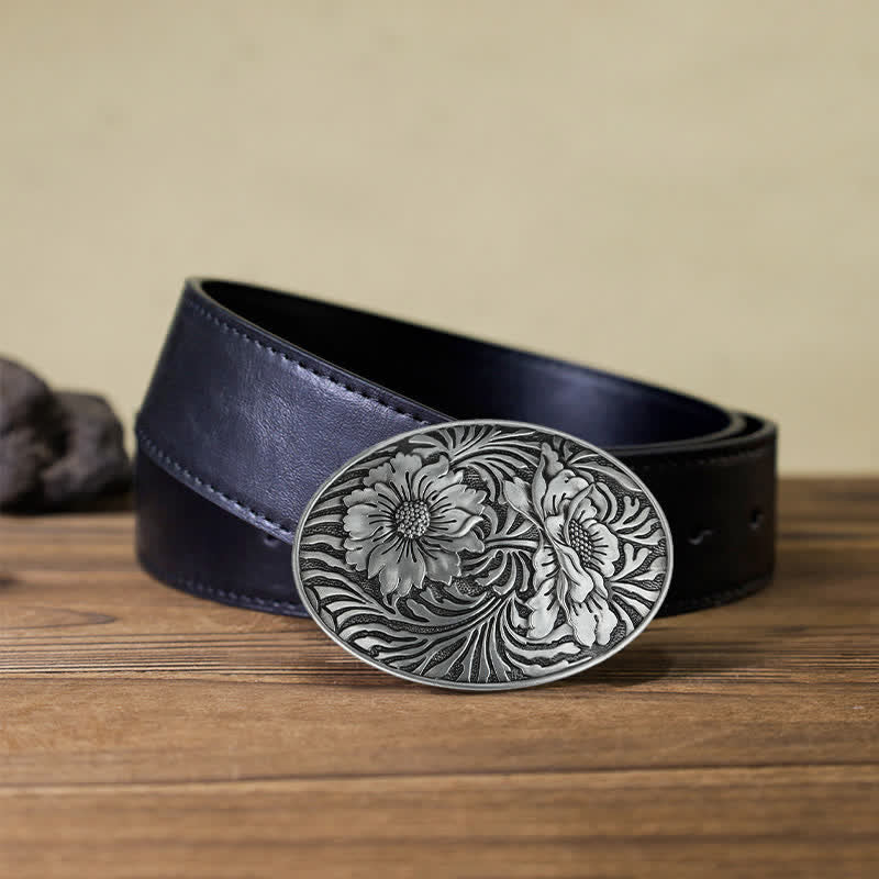Men's DIY Oval Western Floral Buckle Leather Belt - Silver - Black PU Belt (40) - image 3