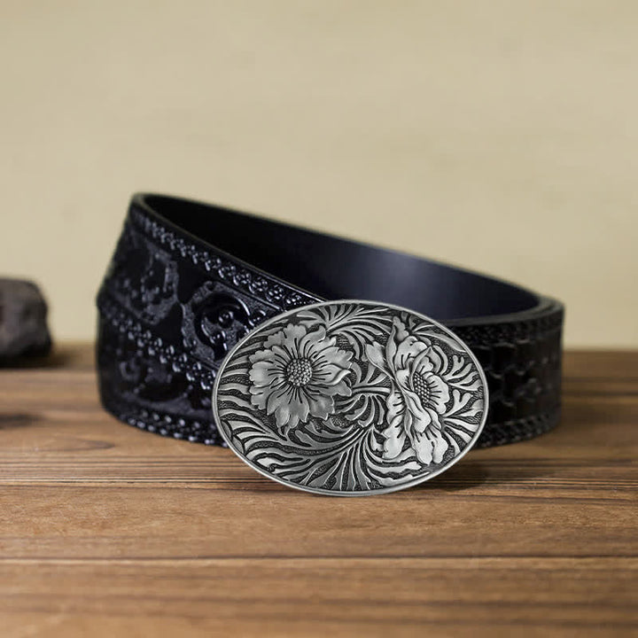 Men's DIY Oval Western Floral Buckle Leather Belt - Silver - Black Carved Belt (40) - image 6