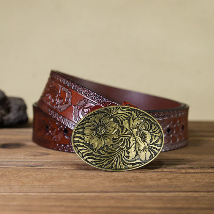 Men's DIY Oval Western Floral Buckle Leather Belt - Bronze - Brown Carved Belt (40) - image 15