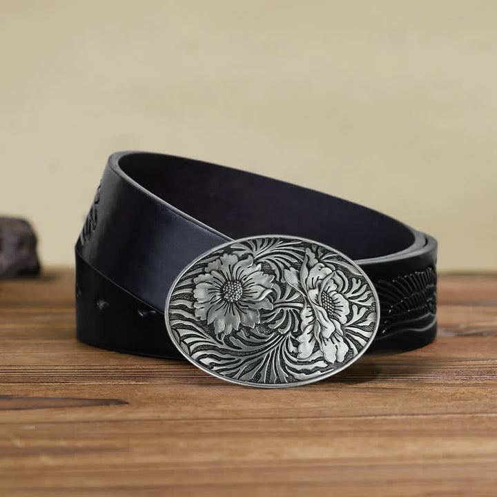 Men's DIY Oval Western Floral Buckle Leather Belt - Silver - Black Embossed Eagle Belt (40) - image 4