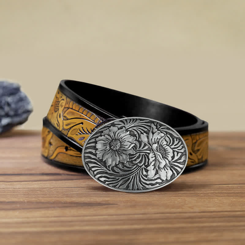 Men's DIY Oval Western Floral Buckle Leather Belt - Silver - SandyBrown Belt (40) - image 8