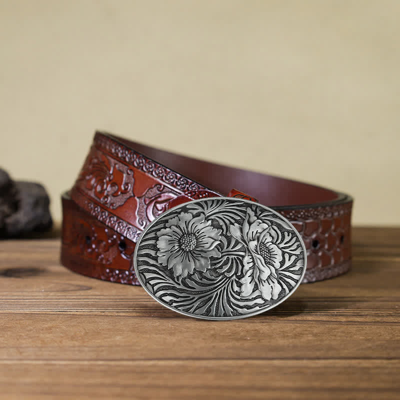 Men's DIY Oval Western Floral Buckle Leather Belt - Silver - Brown Carved Belt (40) - image 7