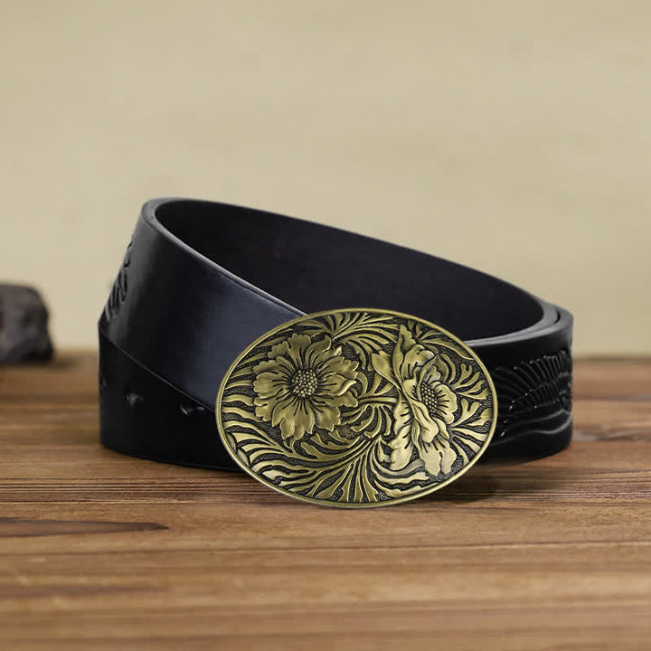 Men's DIY Oval Western Floral Buckle Leather Belt - Bronze - Black Embossed Eagle Belt (40) - image 12