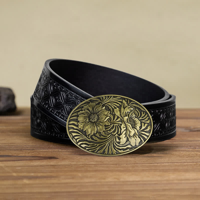 Men's DIY Oval Western Floral Buckle Leather Belt - Bronze - Black Embossed Weave Belt (40) - image 13