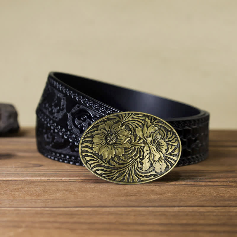 Men's DIY Oval Western Floral Buckle Leather Belt - Bronze - Black Carved Belt (40) - image 14