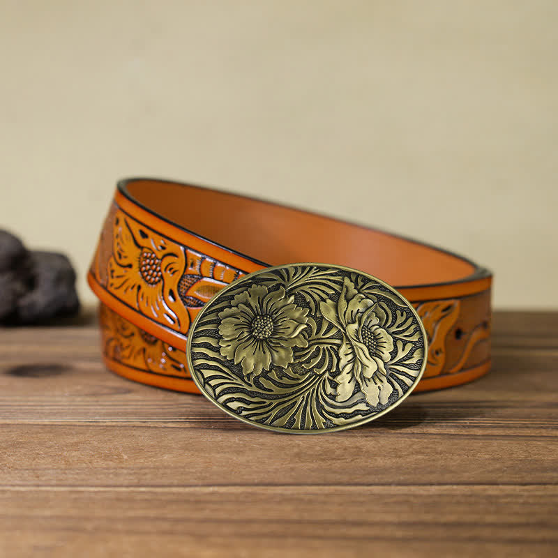Men's DIY Oval Western Floral Buckle Leather Belt - Bronze - Orange Carved Belt (40) - image 17