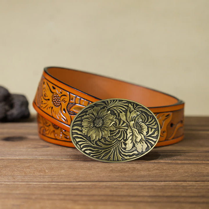 Men's DIY Oval Western Floral Buckle Leather Belt - Bronze - Orange Carved Belt (40) - image 17