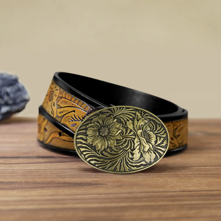 Men's DIY Oval Western Floral Buckle Leather Belt - Bronze - SandyBrown Belt (40) - image 16