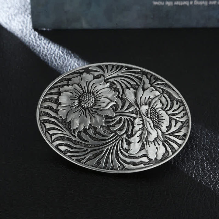 Men's DIY Oval Western Floral Buckle Leather Belt - Silver - Without Belt - image 0