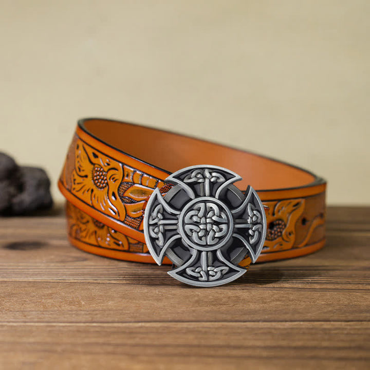Men's DIY Viking Celtic Cross Knot Buckle Leather Belt - Celtic Cross - Orange Carved Belt (40) - image 9