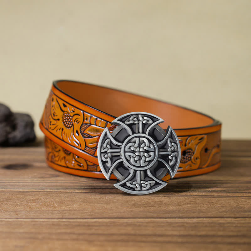 Men's DIY Viking Celtic Cross Knot Buckle Leather Belt - Celtic Cross - Orange Carved Belt (40) - image 9