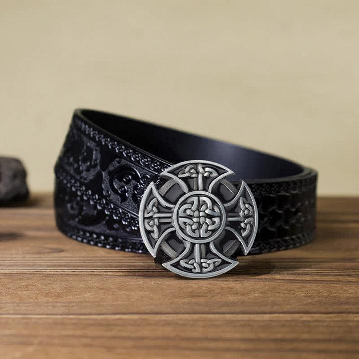 Men's DIY Viking Celtic Cross Knot Buckle Leather Belt - Celtic Cross - Black Carved Belt (40) - image 6