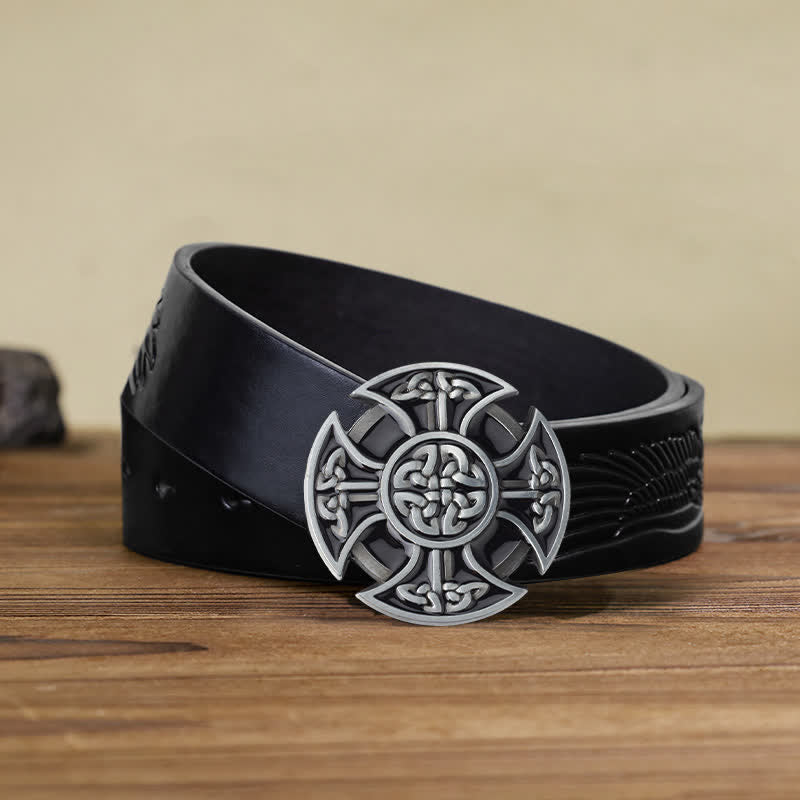 Men's DIY Viking Celtic Cross Knot Buckle Leather Belt - Celtic Cross - Black Embossed Eagle Belt (40) - image 4