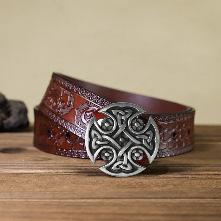 Men's DIY Viking Celtic Cross Knot Buckle Leather Belt - Celtic Knot - Brown Carved Belt (40) - image 16