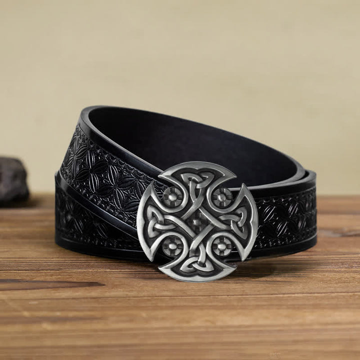 Men's DIY Viking Celtic Cross Knot Buckle Leather Belt - Celtic Knot - Black Embossed Weave Belt (40) - image 14