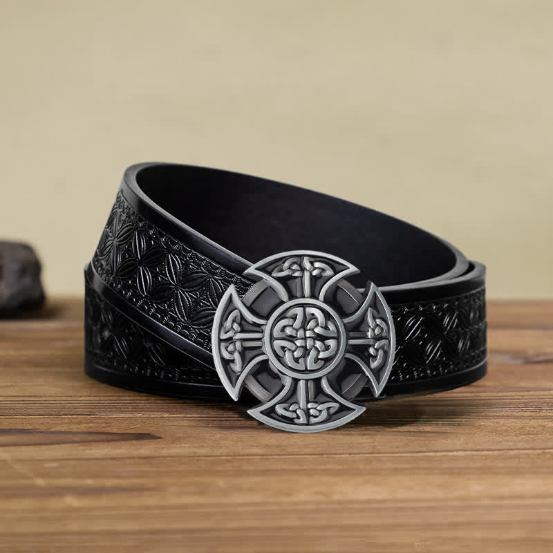 Men's DIY Viking Celtic Cross Knot Buckle Leather Belt - Celtic Cross - Black Embossed Weave Belt (40) - image 5